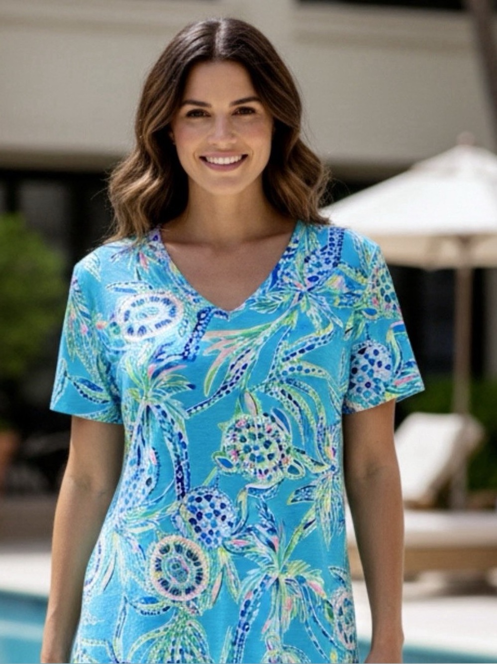 Lilly Pulitzer Etta turtle print blue v neck top